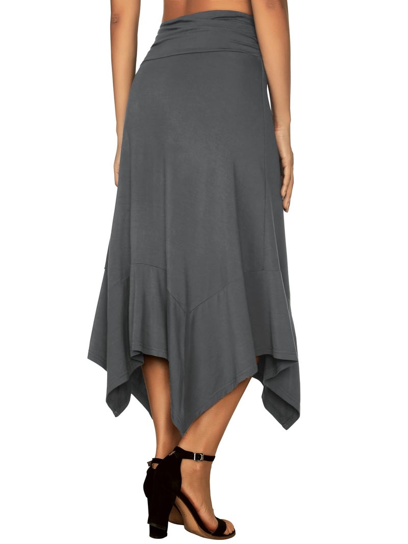 DJT Women's Ruched Elastic Waist Soft Flowy Handkerchief Hem Midi Swing Skirt Large Dark Grey - Image 4